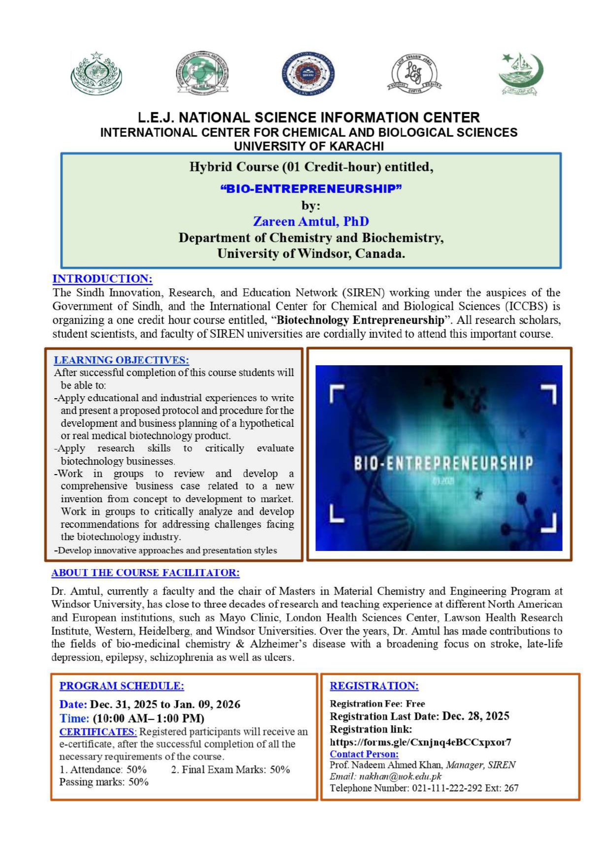 Hybrid Course (01 Credit-hour) entitled, “BIO-ENTREPRENEURSHIP”