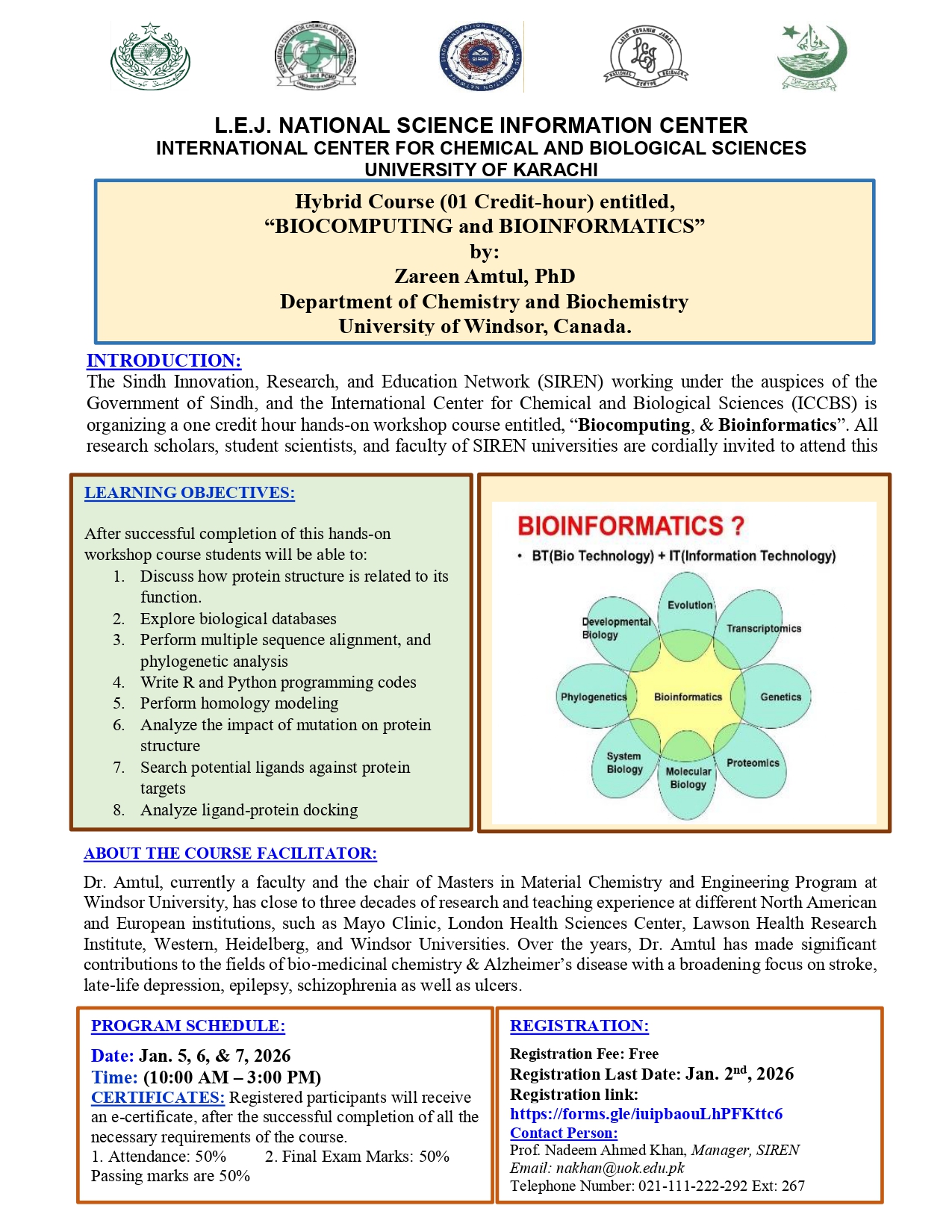 Hybrid Course (01 Credit-hour) entitled, “BIOCOMPUTING and BIOINFORMATICS”