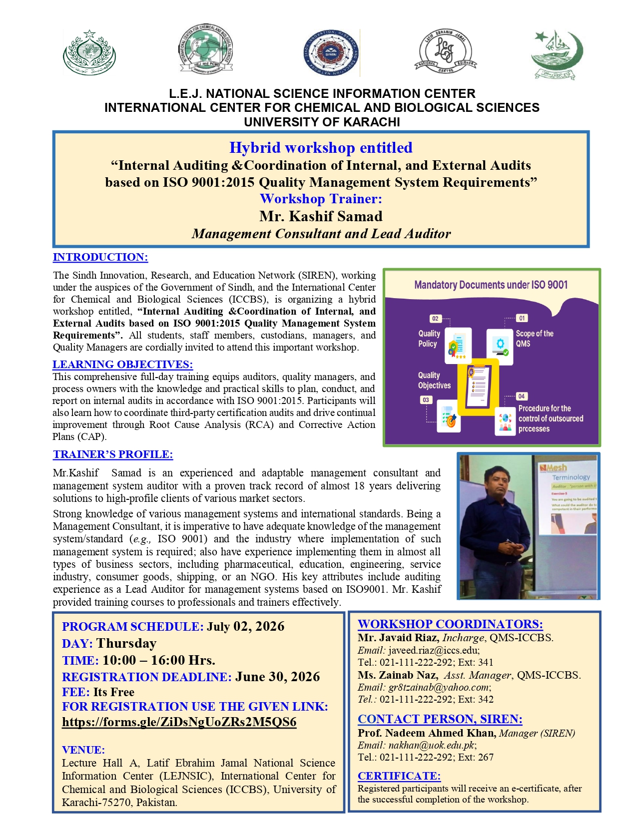 Hybrid Workshop entitled, “Internal Auditing & Coordination of Internal, and External Audits based on ISO 9001:2015 Quality Management System Requirements“